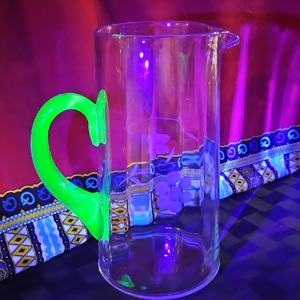 Vintage Etched Glass Pitcher with Uranium Glass Handle UV Glow